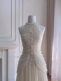Elegant Ivory A-line Halter Nack Pearl Pleated Chiffon Prom Dress Evening Dress HZ1022