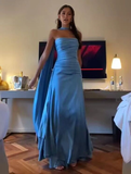 Simple A line Spaghetti Straps Blue Satin Prom Dresses Birthday Outfits HZ1022