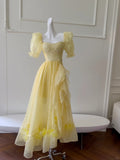 Sweet Yellow A-line Square Neck Puff Sleeve Lace Tulle Long Prom Dress HZ1022