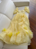 Sweet Yellow A-line Square Neck Puff Sleeve Lace Tulle Long Prom Dress HZ1022