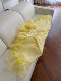 Sweet Yellow A-line Square Neck Puff Sleeve Lace Tulle Long Prom Dress HZ1022