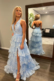 Halter Light Blue Appliques Ruffle Prom HZ0308