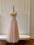 Sweet Pink A-line Suspenders Sequined Tulle Long Prom Dress Evening Dress Bridesmaid Dress HZ1022
