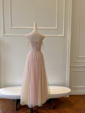 Sweet Pink A-line Suspenders Sequined Tulle Long Prom Dress Evening Dress Bridesmaid Dress HZ1022