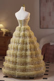 Golden Sweetheart Sequin Ruffle A-line Prom HZ0308