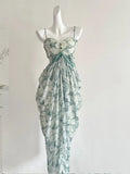 Elegant Green Strap Waist Chiffon Long Prom Dress Evening Dress HZ1022