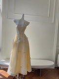 Sweet Light Yellow A-line Spaghetti Strap Bow Satin Long Prom Dress Evening Dress Bridesmaid Dress HZ1022