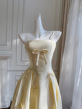 Sweet Light Yellow A-line Spaghetti Strap Bow Satin Long Prom Dress Evening Dress Bridesmaid Dress HZ1022