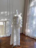 Elegant White Mermaid Strapless Off-the-shoulder Lace Long Prom Dress Evening Dress HZ1022
