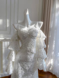 Elegant White Mermaid Strapless Off-the-shoulder Lace Long Prom Dress Evening Dress HZ1022