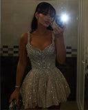 Shiny White Strappy V-Neck Beaded A-Line 17th Birthday Homecoming Dress HZ1022