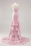 Blush Mermaid Strapless Corset Tiered Long Prom Dress with Slit Graduation Dresses HZ1121