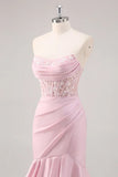 Blush Mermaid Strapless Corset Tiered Long Prom Dress with Slit Graduation Dresses HZ1121