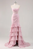 Blush Mermaid Strapless Corset Tiered Long Prom Dress with Slit Graduation Dresses HZ1121