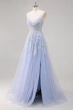Pretty A Line Spaghetti Straps Tulle Beaded Long Prom Dress with Slit Graduation Dresses HZ1121