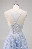 Pretty A Line Spaghetti Straps Tulle Beaded Long Prom Dress with Slit Graduation Dresses HZ1121