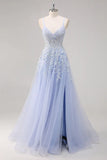 Pretty A Line Spaghetti Straps Tulle Beaded Long Prom Dress with Slit Graduation Dresses HZ1121