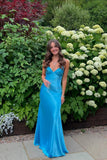 Beaded Blue Soft Satin Sheath Long HZ0308