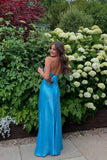Beaded Blue Soft Satin Sheath Long HZ0308