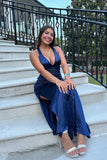 Pretty Mermaid V-neck Navy Blue Criss-cross Back Long Dress Graduation Dress HZ1121
