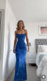 Classy Mermaid Spaghetti Straps Floral Blue Prom Dresses Satin Summer Wedding Guest Dresses Wedding Guest Outfits HZ1121