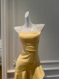 Elegant Yellow Irregular Halter Neck Satin Short Front Long Back Prom Dress HZ1022