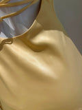 Elegant Yellow Irregular Halter Neck Satin Short Front Long Back Prom Dress HZ1022