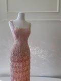 Gorgeous Pink Slim Square Neck 3D Flower Sequin Tassel Long Prom Dress Evening Dress HZ1022