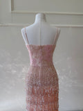 Gorgeous Pink Slim Square Neck 3D Flower Sequin Tassel Long Prom Dress Evening Dress HZ1022