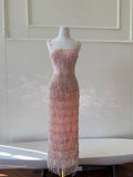 Gorgeous Pink Slim Square Neck 3D Flower Sequin Tassel Long Prom Dress Evening Dress HZ1022
