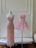 Gorgeous Pink Slim Square Neck 3D Flower Sequin Tassel Long Prom Dress Evening Dress HZ1022