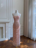 Gorgeous Pink Slim Square Neck 3D Flower Sequin Tassel Long Prom Dress Evening Dress HZ1022