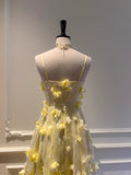 Beautiful Yellow A-line Square Neck Strapless 3D Flower Mesh Long Prom Dress HZ1022
