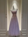 Dreamy Lavender A-line Suspender Strap Pleated Tulle Long Prom Dress Evening Dress HZ1022