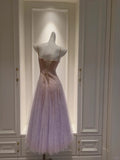 Dreamy Lavender A-line Suspender Strap Pleated Tulle Long Prom Dress Evening Dress HZ1022
