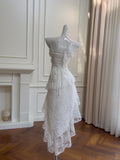 Vintage Gorgeous White Irregular Strap Pearl Lace Prom Dress Evening Dress Bridesmaid Dress HZ1022