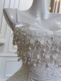 Vintage Gorgeous White Irregular Strap Pearl Lace Prom Dress Evening Dress Bridesmaid Dress HZ1022
