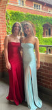 Elegant Blue Satin Mermaid Side Slit Long Evening Prom Dresses Sexy Prom Dress HZ1121
