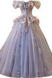 Off the ShoulderPurple Floral Embroidery A-line Prom HZ0308