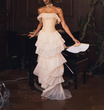 Vintage A line Strapless White Chiffon Long Prom Dresses HZ1022