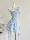 Sweet Light Blue Cake Skirt Multi-layer Lace Chiffon Short 16th Birthday Homecoming Dress HZ1022