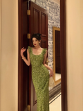 Vintage Mermaid Square Neckline Green Floral Sleeveless 18th Birthday Dress Party Gown Birthday Outfits For Women HZ1121