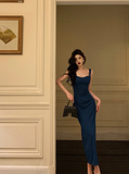 Vintage Sheath Square Neckline Blue Satin Sleeveless 18th Birthday Dress Party Gown Birthday Outfits For Women HZ1121