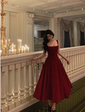 Vintage A Line Square Neckline Burgundy Satin Sleeveless 18th Birthday Dress Party Gown Birthday Outfits For Women HZ1121
