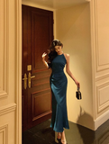 Pretty Mermaid Halter Navy Blue Satin 18th Birthday Dress Party Birthday Outfits For Women HZ1121