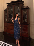 Vintage A line V Neckline Navy Blue Chiffon 18th Birthday Dress Party Gown Birthday Outfits For Women HZ1121