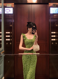 Vintage Mermaid Square Neckline Green Floral Sleeveless 18th Birthday Dress Party Gown Birthday Outfits For Women HZ1121
