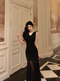 Cute Mermaid V Neckline Black Sleeveless 18th Birthday Dress Party Gown Birthday Outfits For Women HZ1121