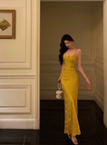 Pretty Mermaid Spaghetti Straps Yellow Satin 18th Birthday Dress Party Birthday Outfits For Womens HZ1121