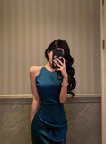 Pretty Mermaid Halter Navy Blue Satin 18th Birthday Dress Party Birthday Outfits For Women HZ1121